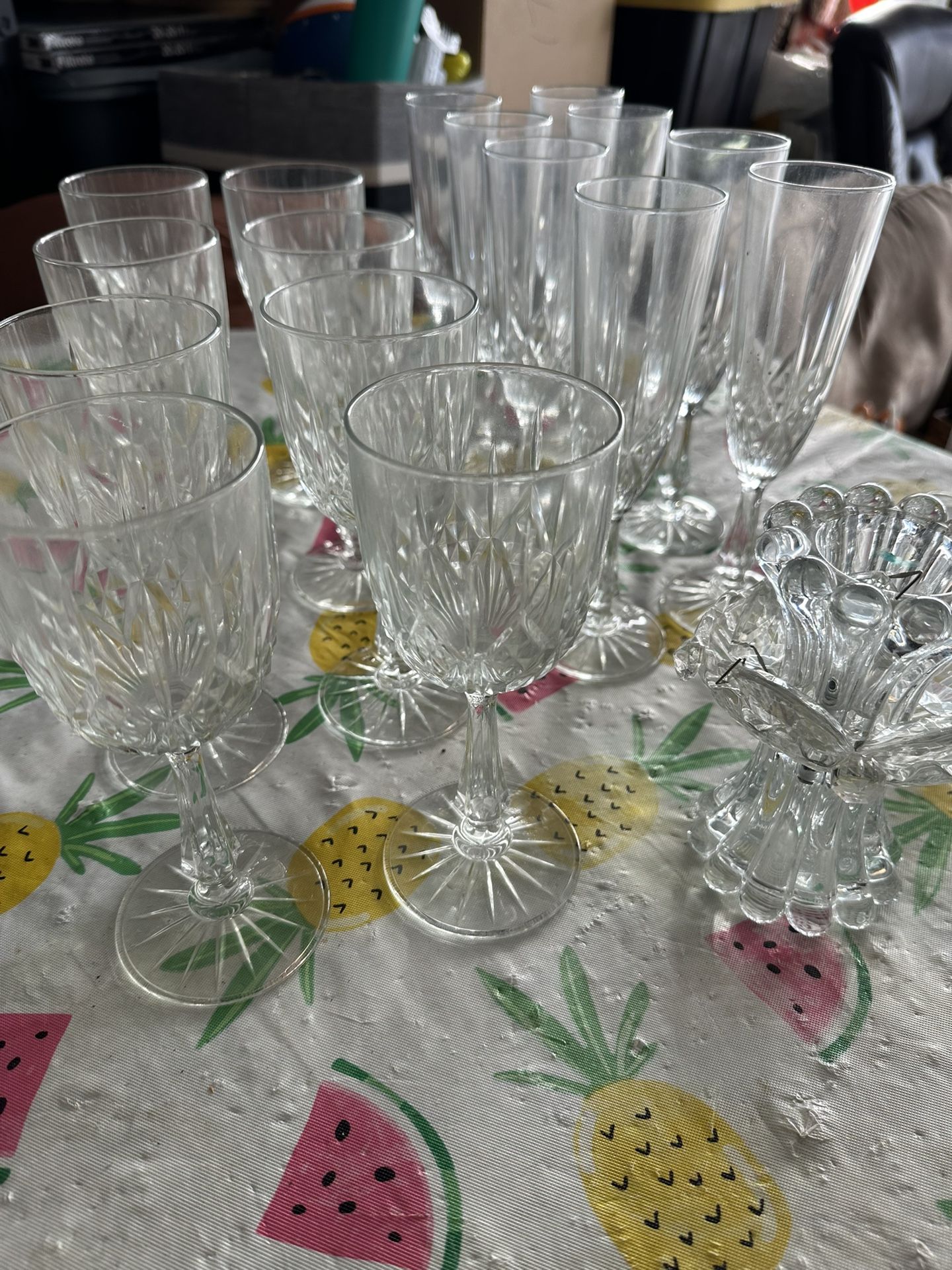 16 Crystal Glasses 8 Wine Glasses And 8 Champagne Glasses And Candle Holder