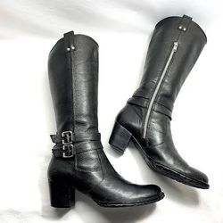 Born Shoes Womens Size 10 Black Leather Pull On Double Buckle Boots