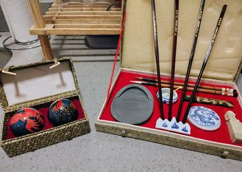 Vintage Chinese Art & Culture Lot - Calligraphy Set, Baoding Chime Balls, Chopsticks