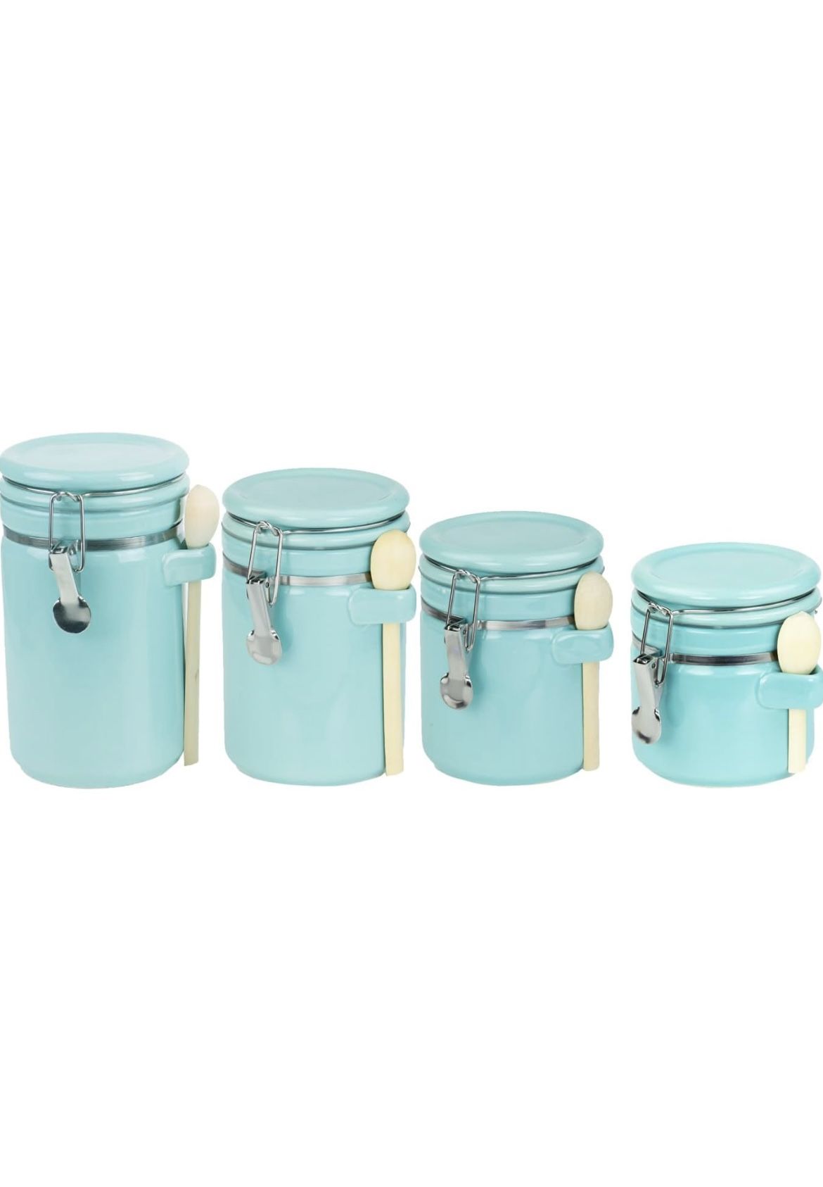 Canister Sets For The Kitchen (4 Piece) Turquoise, High Gloss Ceramic By Home Basics, Decorative Set With Wooden Spoons