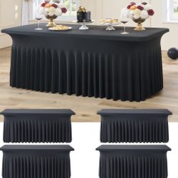 4 Pack Black Spandex Tablecloths For 6 Foot Rectangle Tables, Wrinkle Free Stretchy Table Clothes With Skirt For Weddings Birthday Party Banquet Baby 