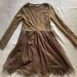 Girls Brown Long Sleeved Tulle Dress