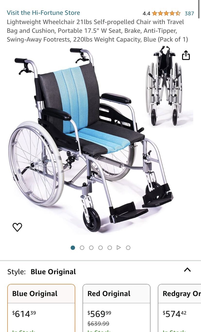 Hi-Fortune Store 4.4 Lightweight Wheelchair 21lbs Self-propelled Chair with Travel Bag and Cushion, Portable 17.5" W Seat, Brake, Anti-Tipper, Swing-A