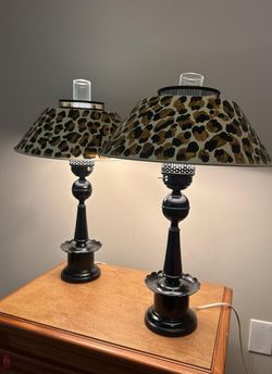 Vintage-Style Electric Hurricane Lamps with Leopard Print Shades – Pair