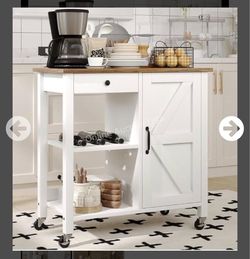 White Farmhouse Kitchen Cart with Barn Door