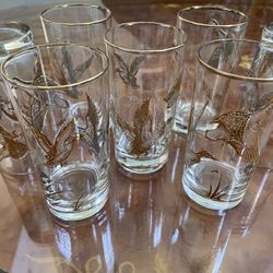 FLYING GEESE DUCKS VINTAGE SET OF 8 GOLD RIM RIMED DRINKING GLASSES, LIBBEY?