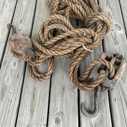 Set Of 2 Antique Block and Tackle Pulleys W/Antique Rope