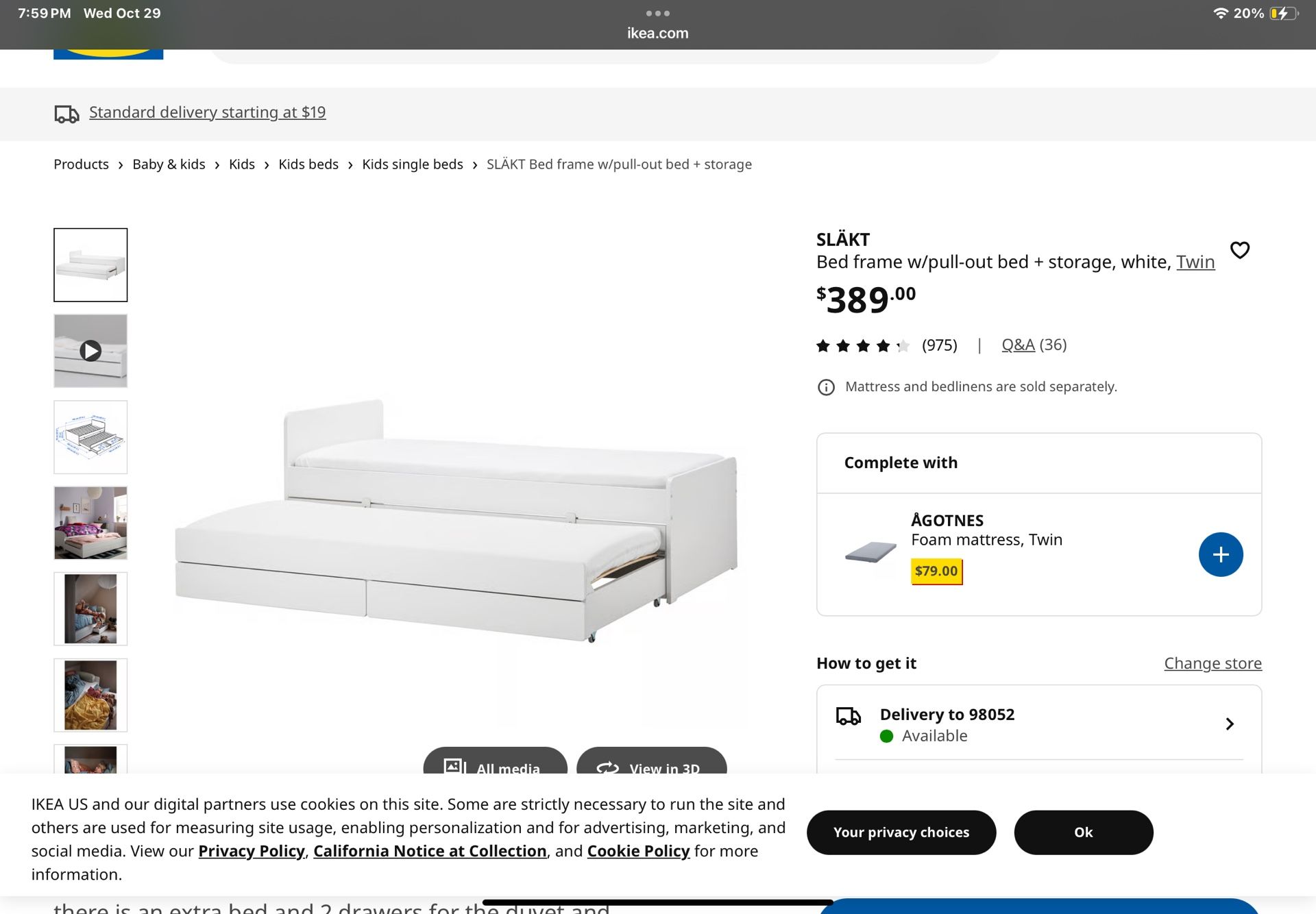 Twin Bed frame (double Bed) with storage & 2 mattresses 