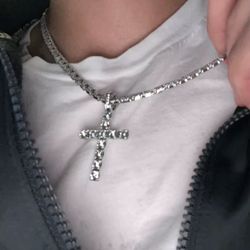 Diamond tennis cross pendant necklace unisex 20in