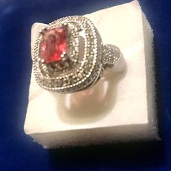 *CLEARANCE* Victorian Style Created Coral Crystal Marcasite Filigree Ring *See My Other 800 Items *