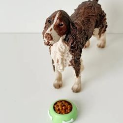 Very Tiny Minature Dollhouse Size Springer Dog With Bowl Figurine Decor