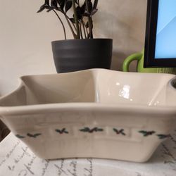 Longaberger Pottery Large Star Dish Traditional Holly Christmas Pattern

