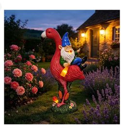 Middle Finger Gnome Riding Flamingo 12.6 in, Funny Garden Statue Solar Powered Outdoor Yard Decor with LED Beer Bottle & Mushrooms, Waterproof Naughty