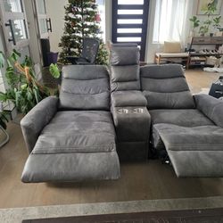 Motorized Dual Recliner Love Seat Gray Suede