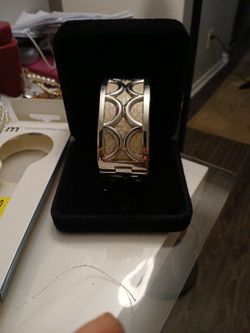 Silver  Cuff  Bracelet  Red And Off White Leather