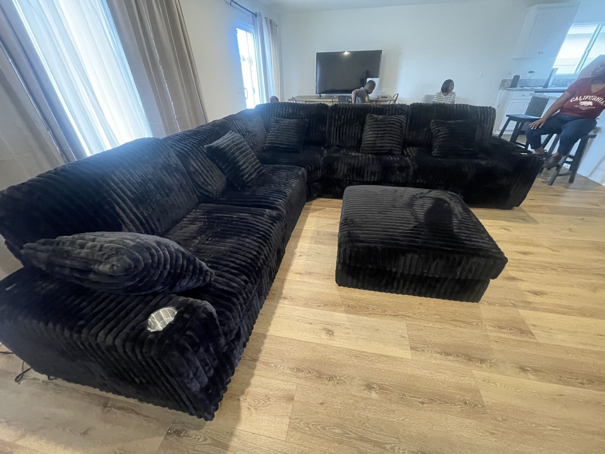 Black Sectional + Ottoman With Soft Fur Like Corduroy Fabric, USB & Cup Holder