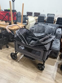 Luxury Wagon Stroller for 2 Kids & Cargo-Lightweight Foldable Travel Push Pull All-Terrain Double Wagon for Newborn&Toddler with 5-Point Harness,Adjus