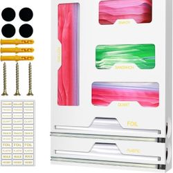 Bag Organizer for Ziplock, Foil and Plastic Wrap Organizer, 6 in 1, Bamboo Dispenser with Cutter for Kitchen Drawer and Wall Mounted, Storage for Gall