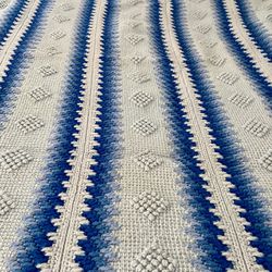Handmade Crochet Afghan Blanket Throw Blue White Retro Vintage 80s Granny Core