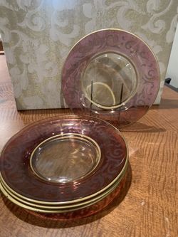 Beautiful set of 4 Cranberry glass plates with gold bands and frosted embellishments