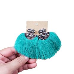 Silver Toned Pebbled Green Tassel Post Earrings