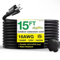 GoGreen Power 15 ft. 16/3 SJTW Outdoor Extension Cord, Black