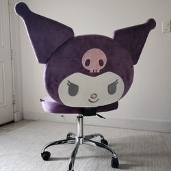 Kuromi Armless Swivel Cute Desk Chair for Bedroom, Velvet Makeup Vanity Chair with Back, Rolling Wheels Silver Metallic Base and Ad