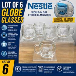 Set of 6 Nestle Nescafe World Globe Etched Glass Clear Coffee Tea Mugs