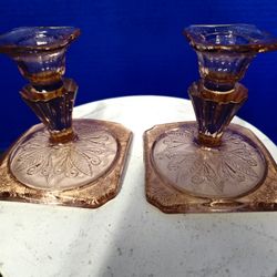 Vintage Jeannette Glass Company Adam pattern pink depression glass candlestick 4". 