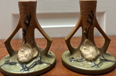 Vintage Roseville Magnolia Candleholders Pair USA Art Pottery