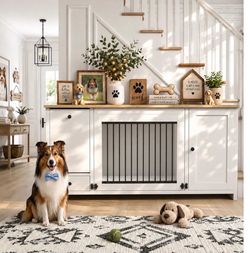 55 Inch Dog Crate Furniture with Storage,Dog Kennel Indoor with Secure Lock & 2 Large Drawers,Decorative Furniture Style Wooden Dog Crates TV Stand fo