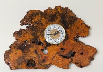 large handcrafted live-edge burl wood wall clock (works perfectly)