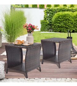 Outdoor Patio Side Table Set of 2 Small Brown Wicker Rattan End Table for Outside Storage Coffee Table with Poly Lumber Table Top for Garden Lawn Pool