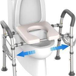 Raised Toilet Seat - [Adjustable Width] Heavy Duty 350lbs Medical Safety Handrails w/Padded Cushion - Toilet Seat Risers with Handles for Seniors, Han
