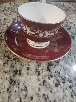 AYNSLEY ENGLAND Bone China, Maroon W/ Gold Scrolls #1215 Cup & Saucer Set