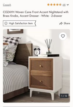 Woven Cane Nightstand – White & Wood 2-Drawer (Like New)