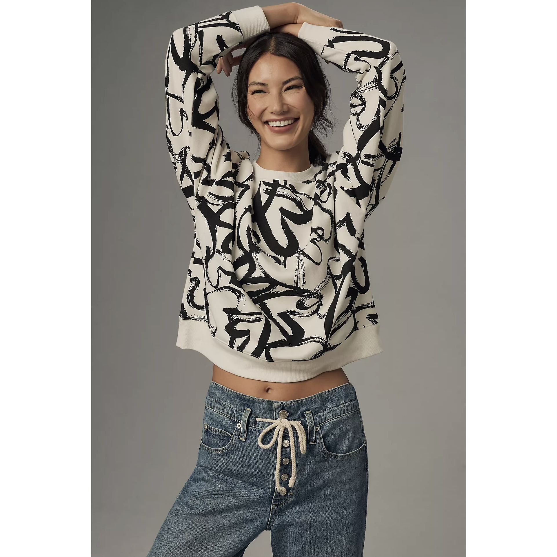MAEVE Anthropologie White Black Doodle Heart Printed Loungewear Pullover Sweater