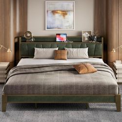 LIKIMIO King Bed Frame, Storage Headboard, (Dark Green)