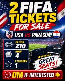 2 FIFA World Cup 2026 USA vs Paraguay Tickets - Los Angeles Stadium, row 4 - Block 210 -Category 1