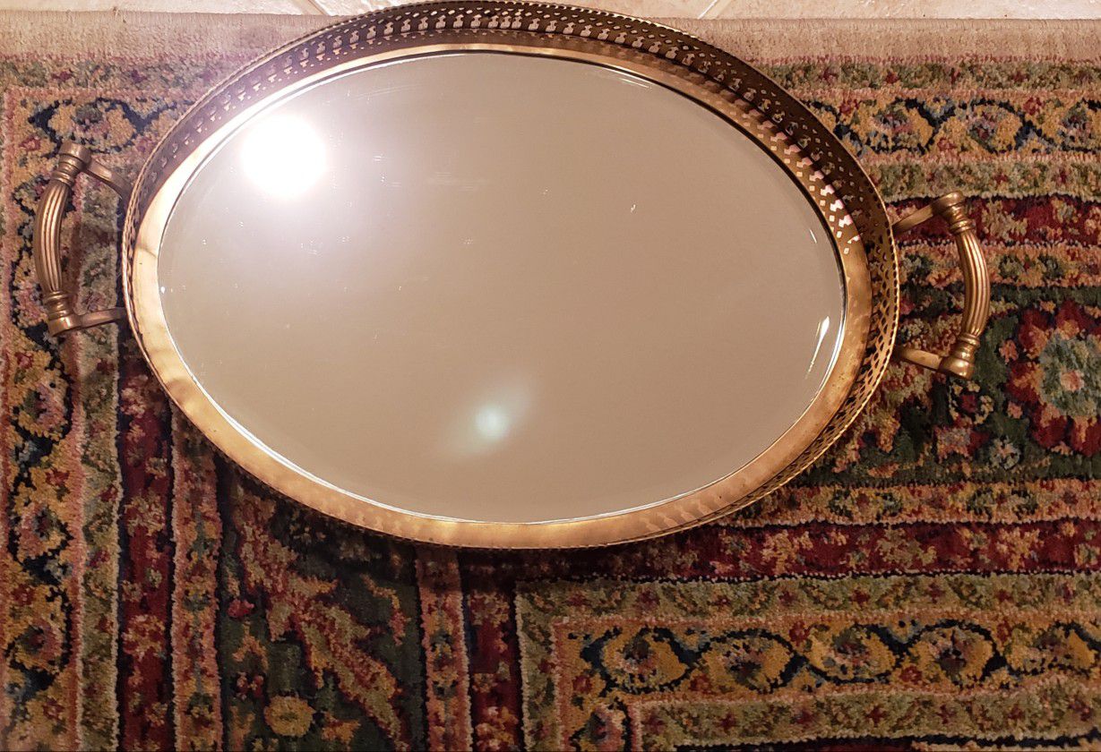 Ethan Allen Oval Brass Mirrored Tray