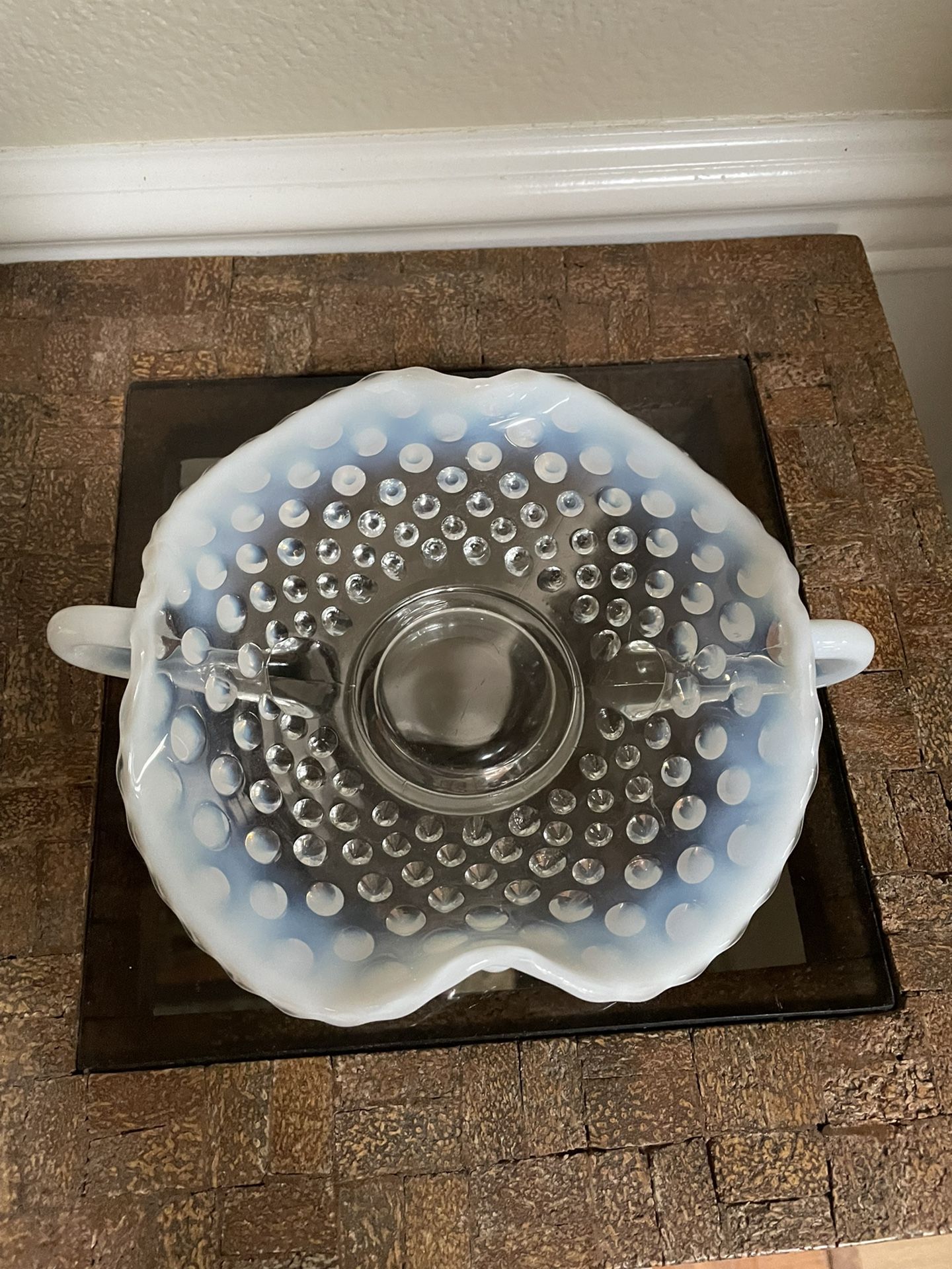 Moonstone Hobnail Opalescent  Two Handle Candy Dish 6” in diameter 