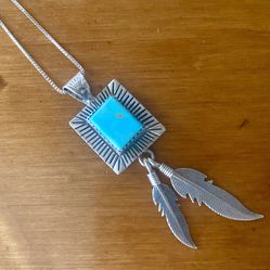 Vintage Quac Sterling Silver and Turquoise Feathers Pendant with Sterling Chain