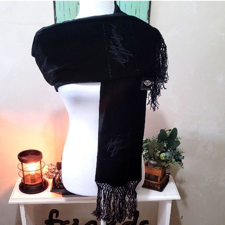 NEW Harley Davidson Black Velvet Fringed Logo Scarf With Rhinestones