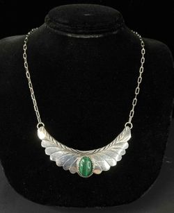 Vtg Native American Navajo Signed H. Spencer Sterling Silver& Malachite Necklace