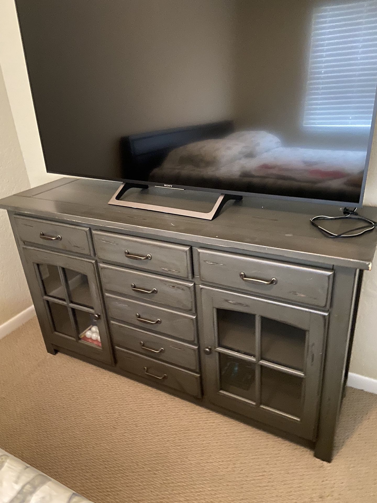 ENTERTAINMENT TV CONSOLE BOOK SHELF CABINET SOLID WOOD GREAT CONDITION DISTRESSED GREEN
