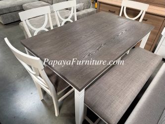 NEW 6 Piece White Grey Dining Set Table 4 Chairs and Bench Casual Formal Dinette Contemporary Small Living Room Space Saving Apartment Country Modern