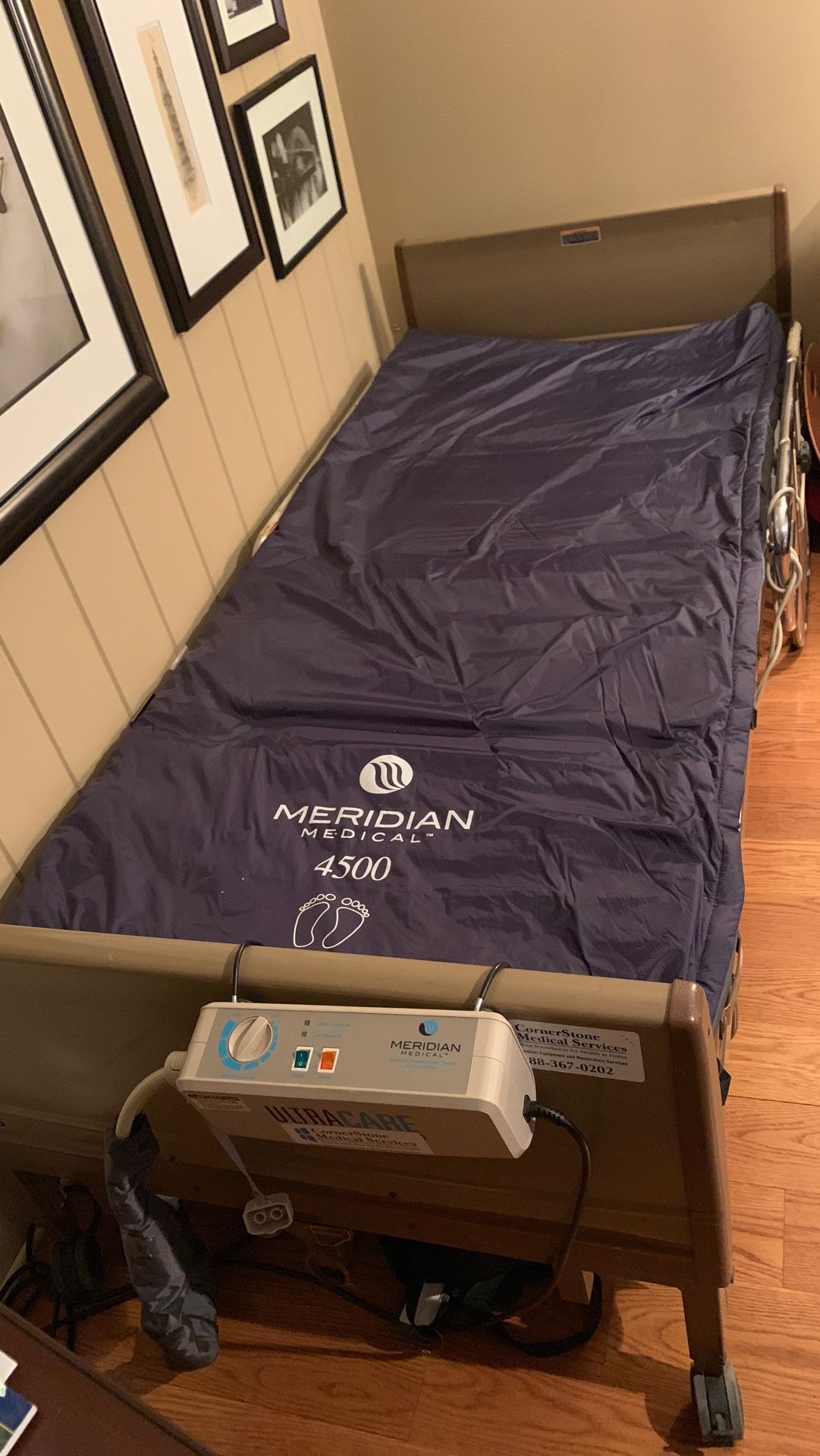 Meridian medical 4500 hospital bed mattress with alternating pressure plus fully electric hospital bed frame.