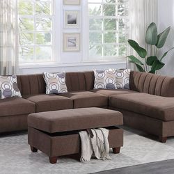 Brand New Chocolate 3pc Reversible Sectional Sofa With Storage Ottoman 