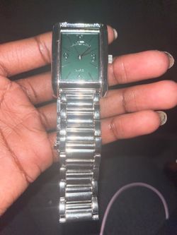 Polo Silver Rectangular Watch w/ Green Face