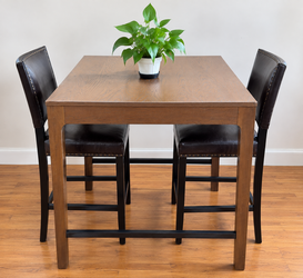 Counter Height Dining Table Set w/ 2 Nailhead Upholstered Chairs Brown Wood